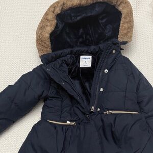 Mayoral Dark Blue Puffer Jacket with Brown Trim